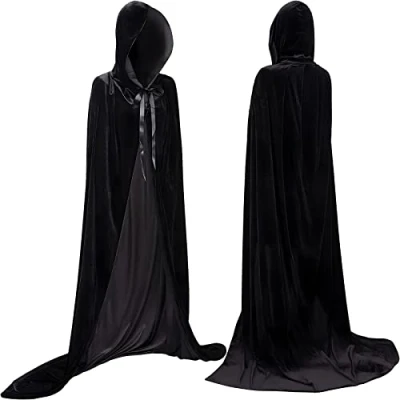 Image of YIHELU Halloween Hooded Black Cape, Long Velvet Cape Unisex Cloak for Adults Kids Female Costumes Carnival Witch Vampire Masquerade Cosplay Party (S, Black)