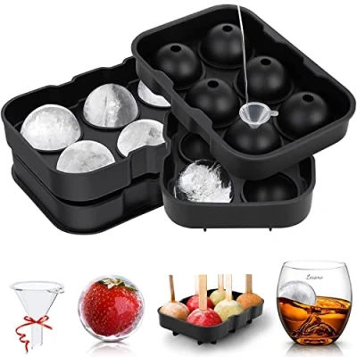 Image of LessMo Giant Ice Cube Tray Round, 2 Packs Silicone XXL Molds with Lid and Funnel, BPA Free &amp; FDA Approved, Black, for Whiskey, Cocktails Baby Food