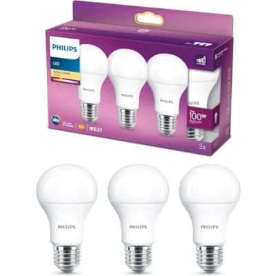 Image of Philips LED A60 3 Pack Frosted Light Bulbs [E27 Edison Screw] 13W 100 W Equivalent, 220 240V, Warm White 2700K, Non Dimmable
