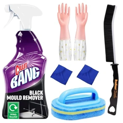 Image of Black Mold Remover Spray Set Mould Remover, Grout Cleaning Brush, Bathroom Scrubber Sponge With Handle, Cloths, Disposable Gloves Radiant Haul And Mildew