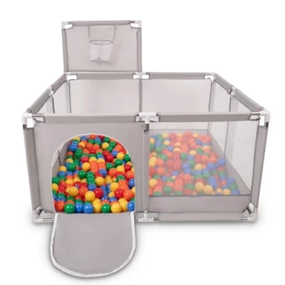 Image of Selonis Square Play Pen Filed With 400 Balls Basketball, Grey:Yellow/Green/Blue/Red/Orange