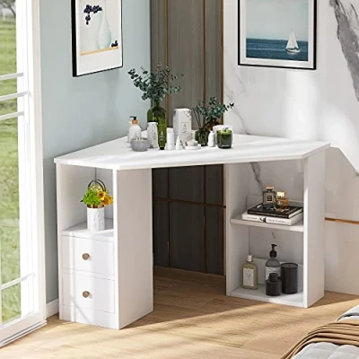 Image of Merax L Shaped Corner Computer Desk with Large Storage Space Stylish and Functional Wood Study for Office or Home White