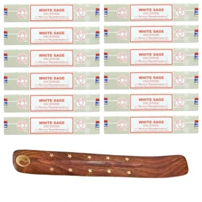 Image of 12x15g Incense Sticks with Holder for Meditation, Aromatherapy, Spa, Yoga, Relaxation, Healing, Weddings, Spirituality and Positivity (WHITE SAGE 12PK)