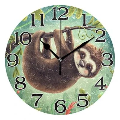 Image of linomo Cute Sloth Leaves Wall Clock Decor, Silent Non Ticking Square Quiet for Kitchen Living Room Bedroom Bathroom Office