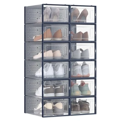 Image of SONGMICS Shoe Boxes, Pack of 12 Stackable Storage Organisers, Foldable and Versatile for Sneakers, Fit up to UK Size 11, Transparent Charcoal Blue LSP12SB30