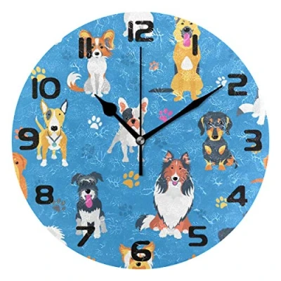 Image of Hunihuni Wall Clock Animal Dog Breed Paw Silent Non ticking for Bedroom Living Room Home Office Decor
