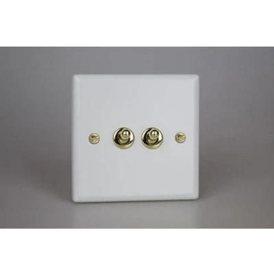 Image of Varilight Vogue Collection Matt White 2 Gang 1 or Way 10 Amp Toggle Switch with Brass