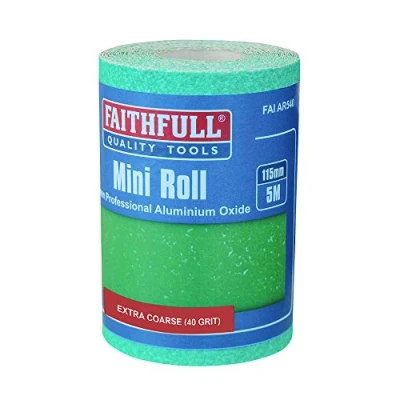 Image of Faithfull 5M Extra Coarse (40 Grit) Aluminium Oxide Sandpaper Roll, 115mm x 5M, Green, Pro, Paper Backing, Compatible with Metal and Wood