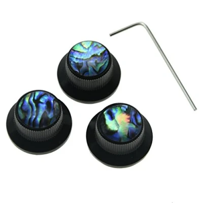 Image of KAISH Set of 3 Screw Abalone Top Black Guitar Bass Knobs Strat Metal for 6mm Shaft Pots
