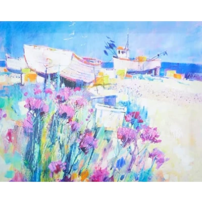 Image of Chris Forsey WDC94475 &quot;Boats and Beach Blooms&quot; Canvas Print, Cotton, Multi Colour, 3.20 x 40.00 50.00 cm