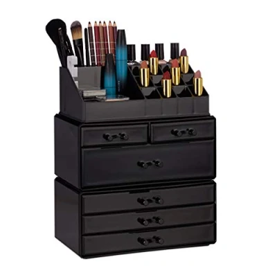 Image of Relaxdays Cosmetic Organiser with 6 Drawers 22 Compartments Make Up Large Acrylic Makeup Storage, Black, 29 x 23.5 14 cm