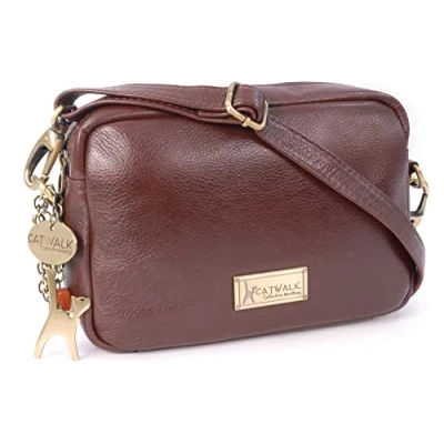 Image of Catwalk Collection Handbags Ladies Small Leather Cross Body Bag Women&#039;s Messenger Camera Adjustable Strap POLLY Brown
