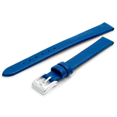 Image of Fine Calf Leather Watch Strap Band 14mm Extra Long XL Mid Blue with Chrome (Silver Colour) Buckle. Free Spring Bars (Watch Pins)