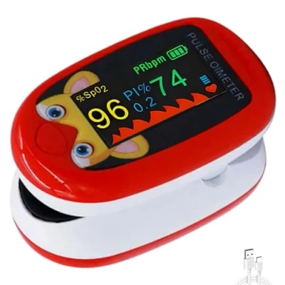 Image of Pediatric Pulse Oximeter CE FCC Approved Heart Rate Stats Monitor Kids Finger Blood Oxygen Saturation Monitoring NHS Children SpO2 Levels TFT Lanyard &amp; USB (Red) (Red Oximeter)