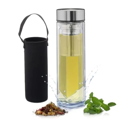 Image of Relaxdays Tea Infuser Bottle, Bamboo Lid, Metal Strainer, Double Walled Glass Flask With Travel Bag, 500 ml, Clear