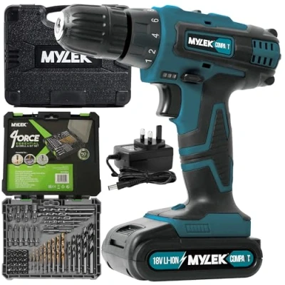 Image of MYLEK Cordless Drill 18V, 1300 mAh Li Ion Driver 28Nm, 1 Hour Quick Charge, 2 Speed, LED Work Light, Carry Case with Accessory Kit, Variable Speed 4ORCE Kit (50 Piece)