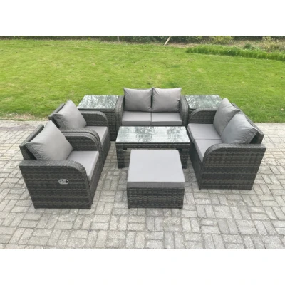 Image of 8 Piece Rattan Garden Furniture Set Outdoor Patio Sofa, Table and Chairs Footstools Ideal for Pool Side, Balcony, indoor