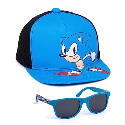 Image of SONIC THE HEDGEHOG Kids Snapback Cap &amp; Sunglasses Blue Summer Hat Shades for Boys Girls Adjustable Clasp Headwear Beach Holiday Accessories Cool Merchandise Gift Children