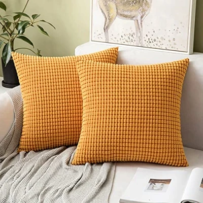 Image of MIULEE Set of 2 Decorative Corduroy Cushion Covers 16x16 Inches, 40cm x Striped Solid Square Throw Pillow Cases for Sofa Couch Home Bedroom Orange