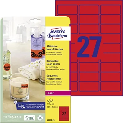 Image of Avery Zweckform L6003 25 Labels 63.5 x 29.6 mm Neon Red