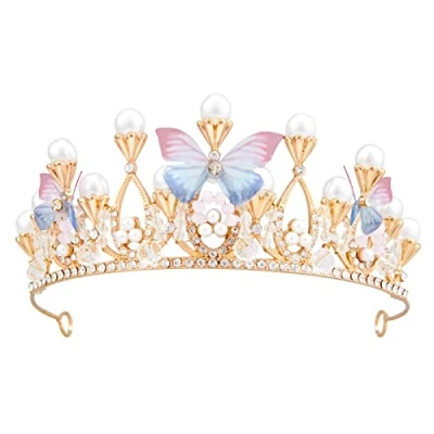 Image of Flower Girl Crown, Vofler Princess Butterfly Tiara Gold Crystal Rhinestone Pearl Headband for Kids Women Adults Birthday Wedding Quinceanera Pageant Prom Homecoming Halloween Mermaid Costume Party