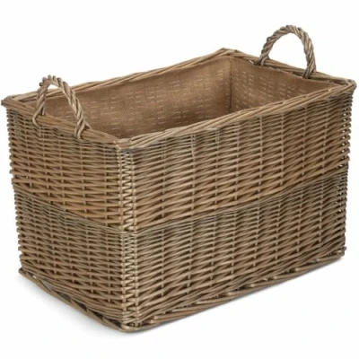 Image of Red Hamper Large Antique Wash Rectangular Hessian Lined Wicker Basket, Brown, H32 x W34 D54cm