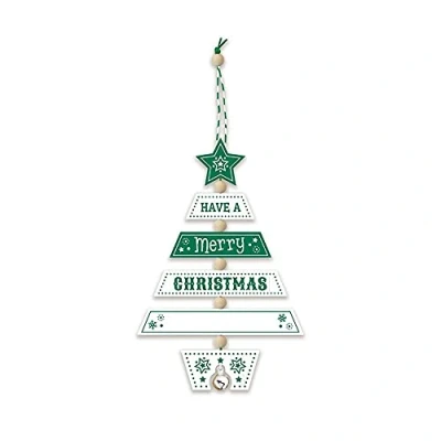 Image of H&amp;H History &amp; Heraldry Christmas Tree Decoration Merry Xmas Green/White 269800002 Wooden Hand Crafted