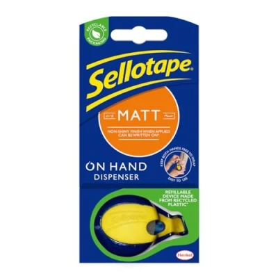 Image of Sellotape On Hand Dispenser with Invisible Matt Tape, Both hands free for crafting and wrapping, Includes Refillable &amp; Tape Roll (18mm x 15m)