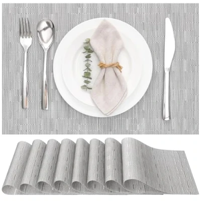 Image of Myir JUN Table Mats Set of 8, Place Placemats Washable Non slip Heat Insulation Woven Vinyl for Kitchen Dinning Restaurant 18&quot;X12&quot; (Silver Gray)