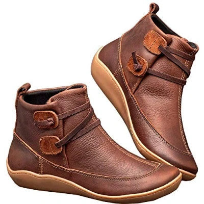 Image of Kinloy Ladies Wide Fit Ankle Boots Comfortable Anti Slip Autumn Winter Flat Heel Booties Elastic Walking Leather Shoes Brown Size 4 UK