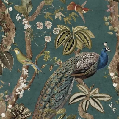 Image of Peacock Woods Aqua Teal Wallpaper Modern Naturistic Floral Flowers Birds Stylish Trendy Feature Wall