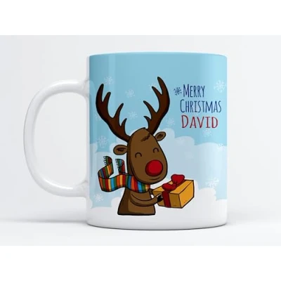 Image of EKAM Personalised Christmas Tea Mug, Customised with Your Name, Different Design Reindeer Coffee Gift for Christmas, Family, Friends, Mum, Dad, Kids, Mug (Design 5)