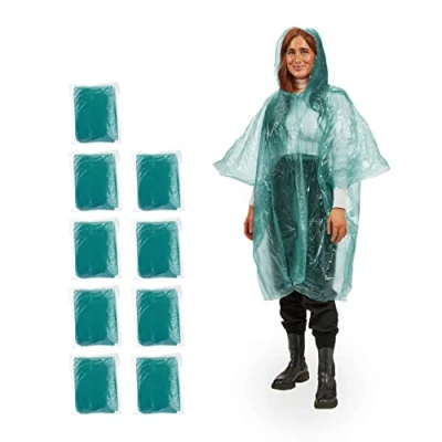 Image of Relaxdays Poncho Set of 10, With Hood, Single Use Raincoat for Adults, Unisex Rain Protection Cape, PE, green, 100% plastic, 122 x 120 cm (10024126_53)