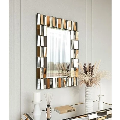 Image of FABS Knightsbridge Luxury Large Rectangular Wall Mirror Bevelled Decorative 3D Mirrored Glass Effect Design for Bedroom Living Room Hallway Bathroom (Rose Gold)