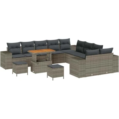 Image of vidaXL 13 Piece Garden Sofa Set with Cushions Grey Poly Rattan Acacia