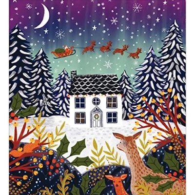 Image of Woodmansterne Artistic Charity Christmas Cards Winter Cottage &amp; Deer at Night Eco Friendly Recyclable Pack of 5