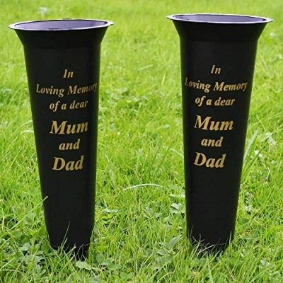 Image of In Loving Memory of a Mum &amp; Dad Verse Graveside Memorial Grave Spiked Flower Vase Plastic with Gold Lettering