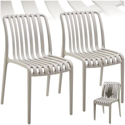Image of TecTake® Set of 2 Garden Chairs in Light, Airy Design, Outdoor Weather Resistant Plastic with Slatted, Curved Seat, Stackable Chair for Backyard, Patio, Balcony Taupe