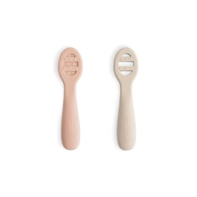 Image of Mushie First Feeding Baby Spoons BPA Free Silicone Learning 2 Pack Dishwasher Safe Durable Toddler Utensils Blush/Shifting Sand