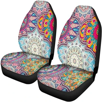 Image of TOADDMOS Bohemian Colorful Mandala Floral Indian Art Patchwork Saddle Blanket Vehicle Front Seat Protector Car Mat Covers,Universal Fit Cars,Sedan,SUV Pack of 2