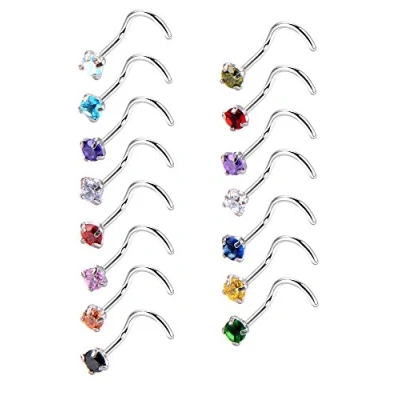 Image of Mudder 20 Gauge 15 Pieces Curved Nose Rings Stainless Steel Ring Zircon Screw Piercing Body Jewellery Colours Cubic Zirconia, Steel, Zirconium oxide
