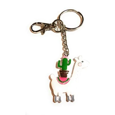 Image of FizzyButton Gifts Llama Alpaca with Cactus Keyring Key Ring Enamel Charm and Lobster Clasp