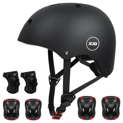 Image of XJD Kids Bike Helmet Protective Gear Set Age 2 13 years Knee Pads Elbow Wrist Guards and Adjustable Skateboard Helmets for Scooter Cycling Roller Skating Boys Girls (M, Black)