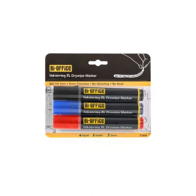 Image of Bi Office InkstringXL Dry wipe Marker for White Boards with Gel Ink and 3 mm Round Tip Black, Red Blue, Pack of