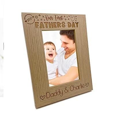 Image of ukgiftstoreonline Personalised Our first Fathers Day Photo Frame Oak wood finish Portrait (8 x 10 Inch)