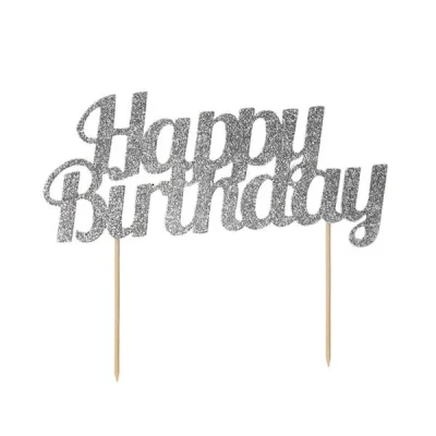 Image of Anniversary House Glitter Happy Birthday Cake Topper Silver