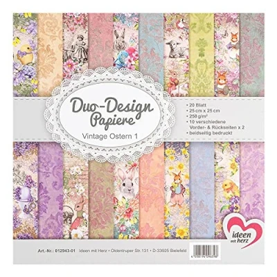Image of Ideen mit Herz Duo Design Papers, Pad with 20 Sheets of Craft Paper, 25 x cm, 250 g/m², Printed on Both Sides, Motif Ideal for Scrapbooking, Crafts (Vintage Easter 01)