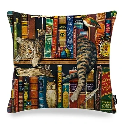 Image of ZFENGYYUAN Bookshelf sleeping cat Decorative Cotton Linen Blend Throw Square Pillow Case Cushion Cover 18 x Inches