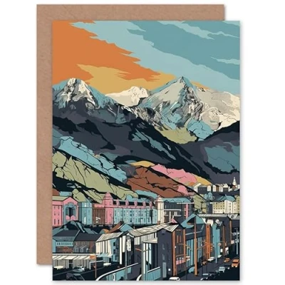 Image of Artery8 Cityscape under Rocky Moutain Range Modern Linocut Travel Birthday Sealed Greeting Card Plus Envelope Blank inside