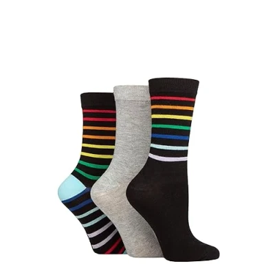 Image of Women&#039;s 3 Pair SOCKSHOP Wildfeet Patterned Bamboo Socks Rainbow Stripe Black 4 8